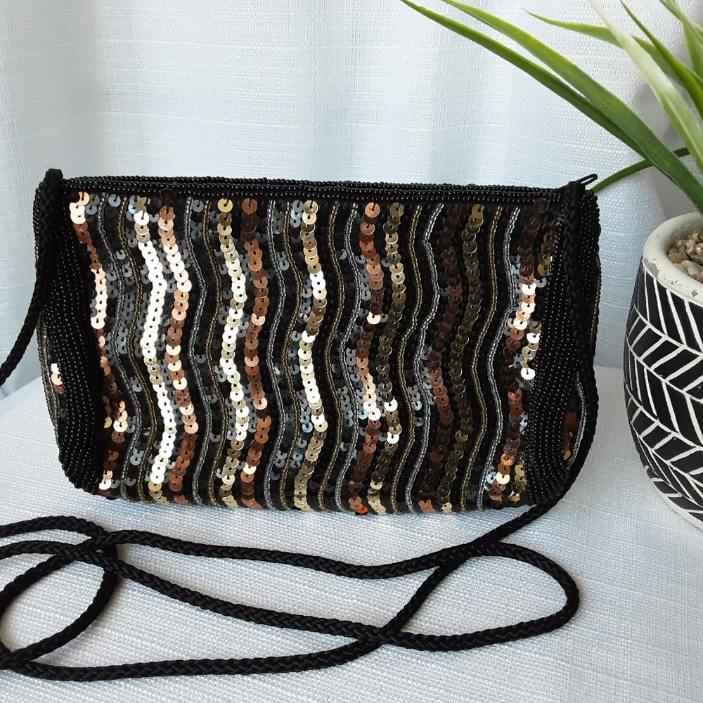 Beaded & Sequined Crossbody Handbag Black Gold Copper Colors
